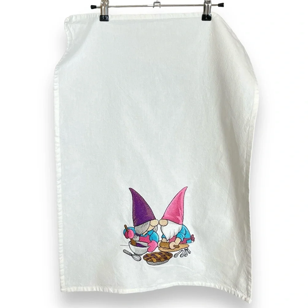 Gnome Tea Towel Kitchen Embroidery Couple Baking Flour Sack White 19.5x26.5 Hand